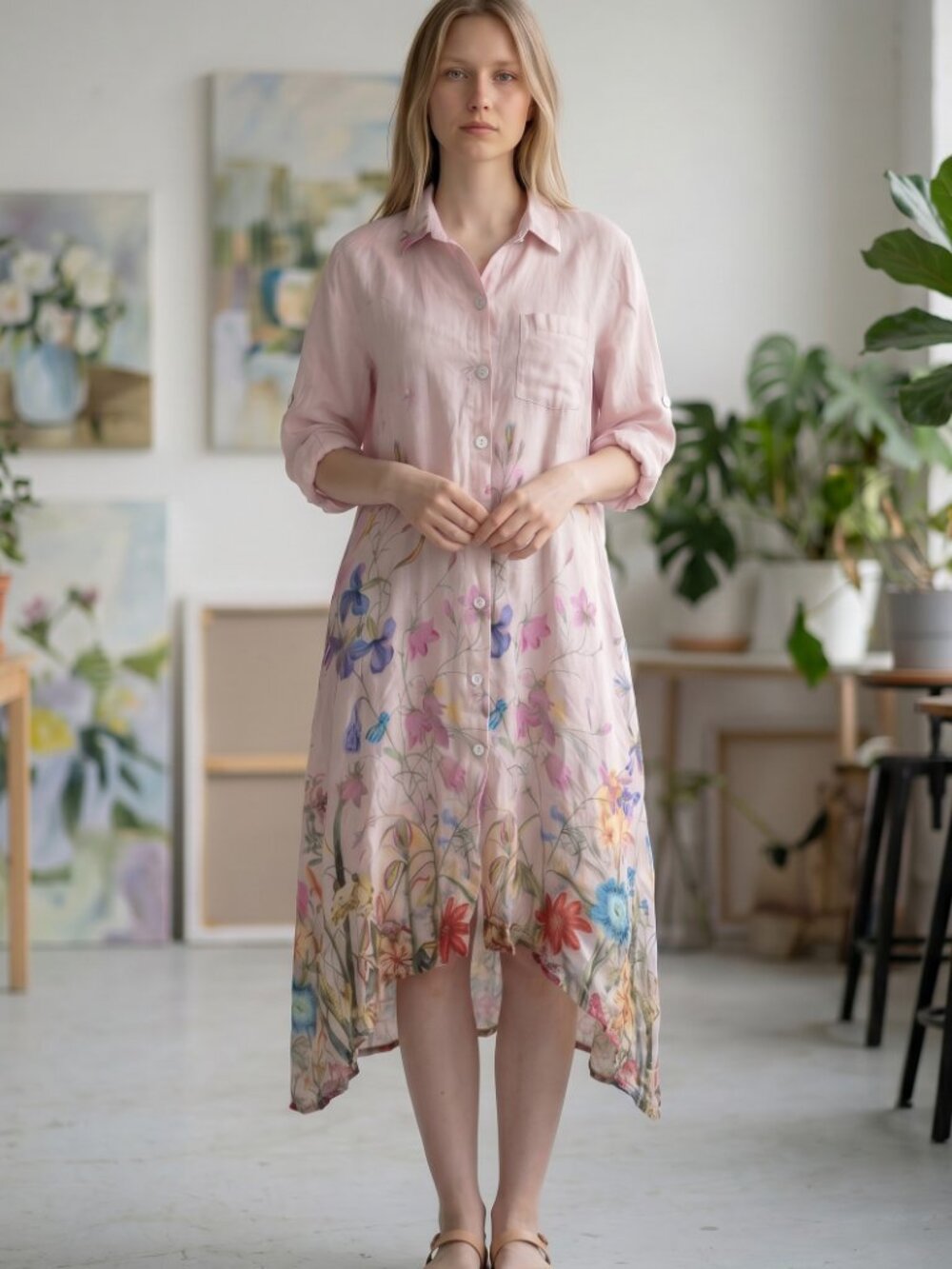 Meo Meli Italian Linen Pink Spring Floral Boho Cottagecore Natural Shirt Dress